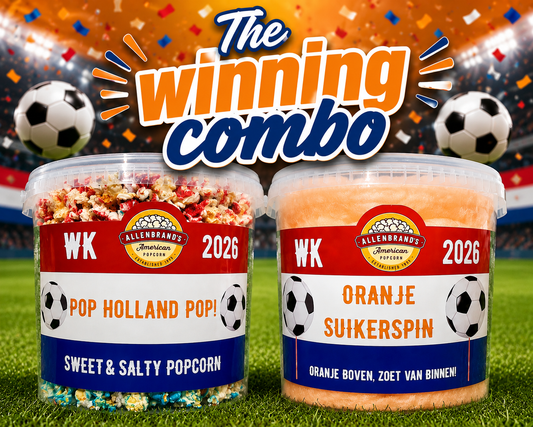 🥈🧡 Oranje WK 2026 Combo Deal – Popcorn & Suikerspin Bundle ⚽🍿
