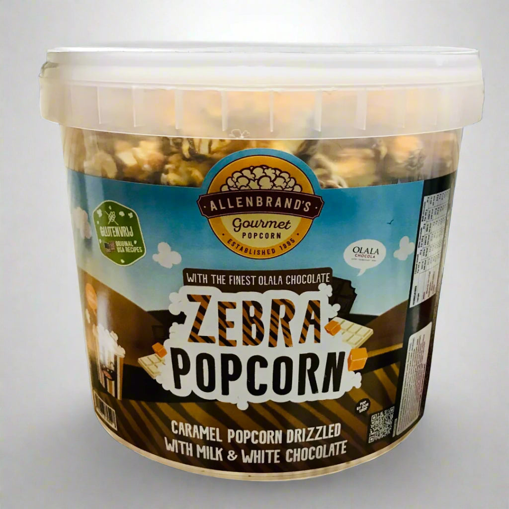 Zebra Popcorn: Caramel Sea Salt coated in milk and white Chocolate