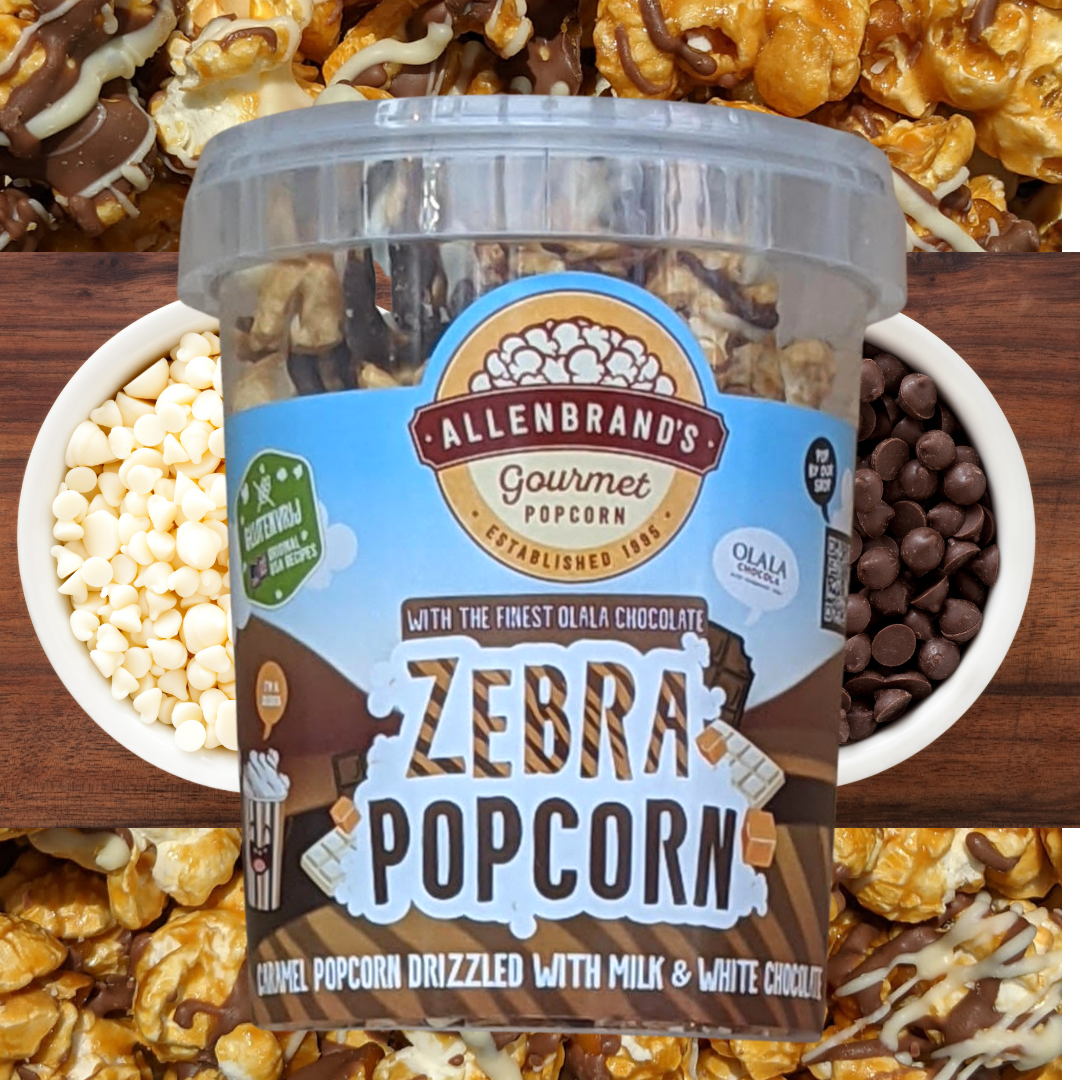 Zebra Popcorn: Caramel Sea Salt coated in milk and white Chocolate