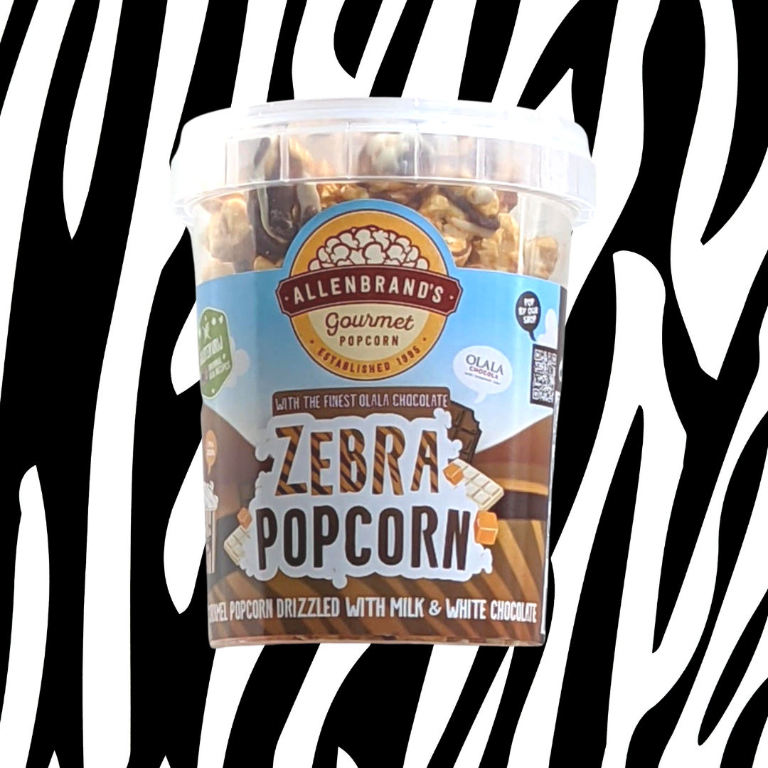Zebra Popcorn: Caramel Sea Salt coated in milk and white Chocolate