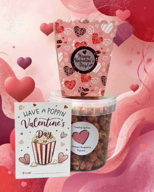 NIEUWSBRIEF ACTIE!! Valentijns popcorn: Caramel Raspberry 1200ML / kaartje / popcornbakje