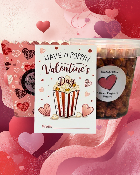 NIEUWSBRIEF ACTIE!! Valentijns popcorn: Caramel Raspberry 1200ML / kaartje / popcornbakje