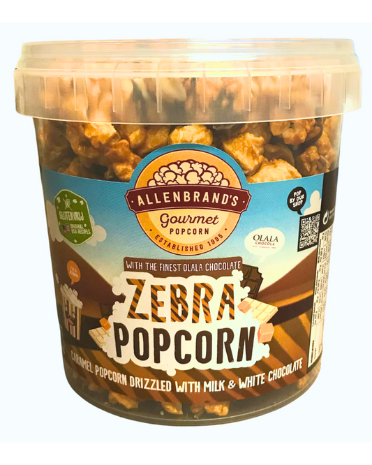 Zebra Popcorn: Caramel Sea Salt coated in milk and white Chocolate