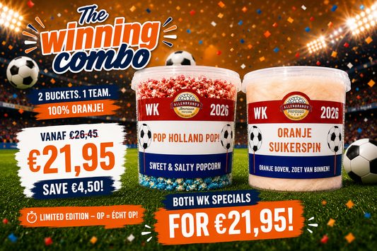 🥈🧡 Oranje WK 2026 Combo Deal – Popcorn & Suikerspin Bundle ⚽🍿