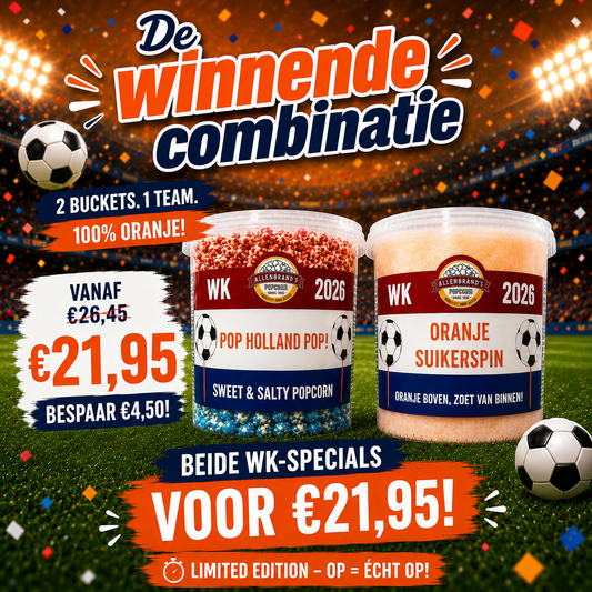 🥈🧡 Oranje WK 2026 Combo Deal – Popcorn & Suikerspin Bundle ⚽🍿