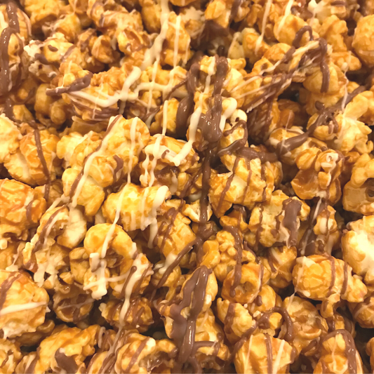Zebra Popcorn: Caramel Sea Salt coated in milk and white Chocolate