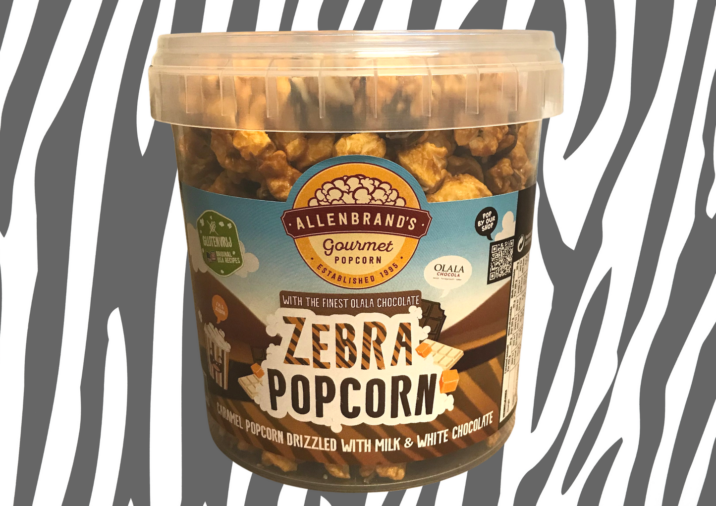 Zebra Popcorn: Caramel Sea Salt coated in milk and white Chocolate